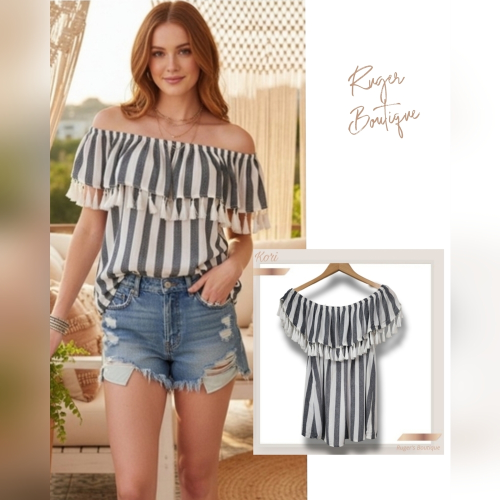 🌿Kori America Women's Med/Lg Gray & White Striped Off-Shoulder Tassel Trim Top